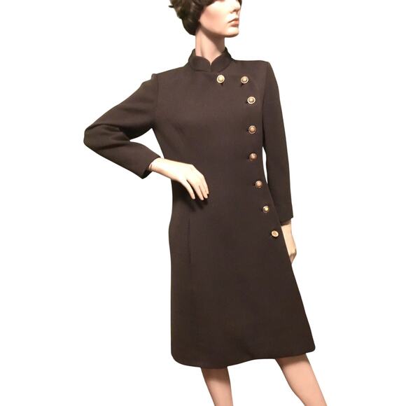 Vintage 1960s ADELE SIMPSON Brown Wool Nehru Collar Lined Fitted Coat - Picture 1 of 9